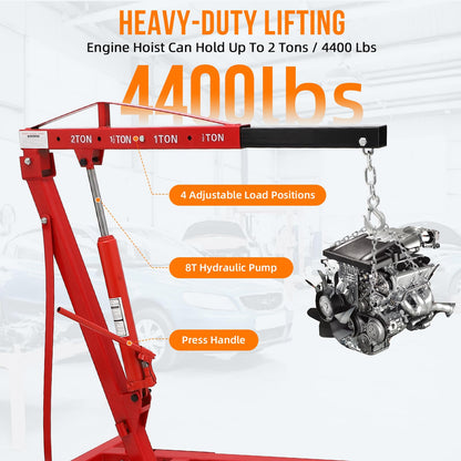 2 Ton Folding Hydraulic Engine Hoist, Folding Engine Shop Crane Hoist Lift, Heavy Cherry Picker with 6 Wheels for Garage, Workshop,Cherry