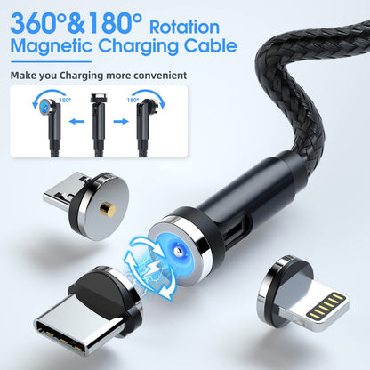3 in 1 Magnetic Phone Charger - 5-Pack Rotating Magnetic Charger Cable with LED Light, Nylon Braided Cord for Micro-USB, USB C and i-Product Devices - Black