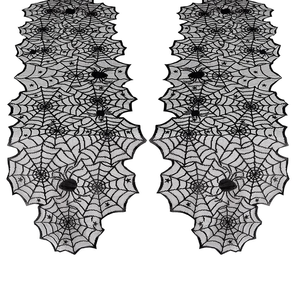 Halloween Table Runner: Black Lace Spider Web Table Runners 2 Packs 18 x 72 Inches for Halloween Decor, Vivid Polyester Spider Web Table Runner for Halloween Masquerade Party Dinner Table Decorations