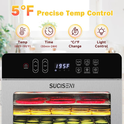 SUCICENI Food Dehydrator for Jerky, 10 Stainless Steel Trays 9ft² Dehydrator Machine, 1000W Dehydrator with 24H Timer 195℉ Temperature Control for Meat, Fruits, Veggies, Dog Treats