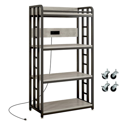 METYERRY Adjustable 4-Tier Heavy Duty Kitchen Baker's Rack with Power Outlet, with Industrial Wheels, Free Standing Microwave Oven Cart Stand for Storage in Living Room, Garage, Greige