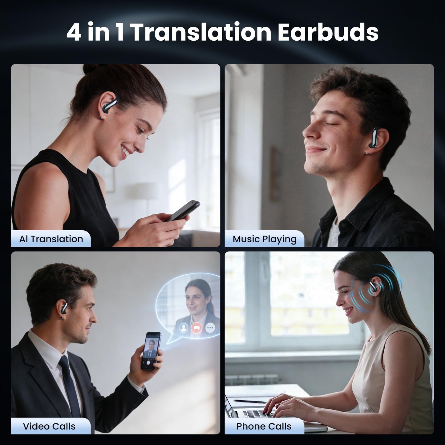 RichEast AI Translation Earbuds Real Time with Audio and Video Calls, 4-in-1 Bluetooth 6.0 Translator Headphones with 6 Translation Modes/Meeting Notes & ANC, Audifonos Traductores Ingles Espaol Black
