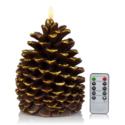 Yongmao Large Pine Cone Flickering Flameless Candles with Timer, Battery Operated Real Wax LED Candles for Christmas Home Party Decoration, Brown