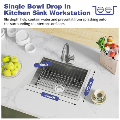 24x18 Inch Kitchen Sink With Dual Cover-Stainless Steel Undermount Single Bowl Kitchen Sink Built-in Ledge Drop In Workstation Sink Fully Covering Sink To Create Temporary Workspace/Drainage Area