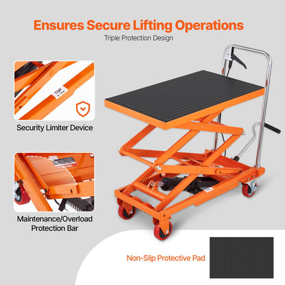 VEVOR Hydraulic Lift Table Cart, 330 lbs Load Capacity, 50-Inch Lifting Height, Manual Single Scissor Lift Table with Non-Slip Pad and 4 Wheels, Orange, Alloy Steel