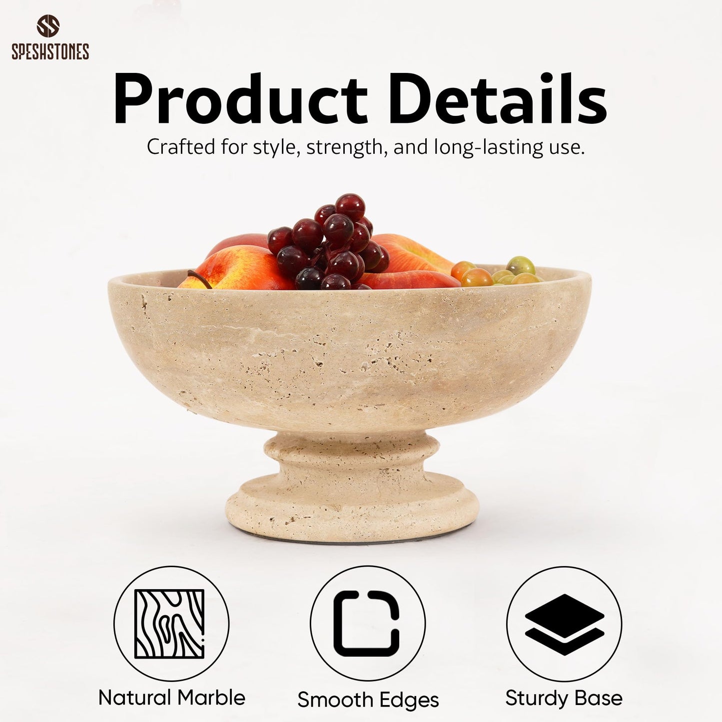 SPESHSTONES Marble Fruit Bowl for Kitchen Counter 10 Inch Handmade Travertine Serving Bowls for Dining Tables Centerpieces, Gifts & Home Decor, Candy Dish, Decorative Pedestal Bowl for Fruits Storage