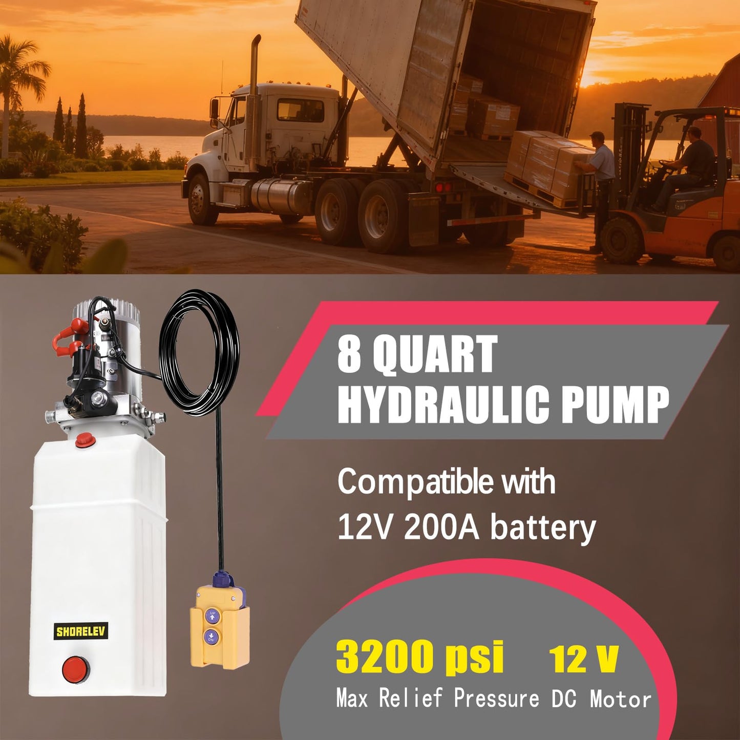 SHORELEV 12V DC Single Acting Hydraulic Power Unit, 8L Hydraulic Pump Plastic Reservoir, 3000 PSI for Dump Trailers, Snow Plows, Log Splitters, Lift Gates