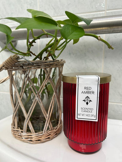 Art Deco Red Amber Scented Candle 14oz – Premium Long-Burning Candle with Warm Amber & Spice Aroma, Elegant Red Glass Jar with Metal Lid – Cozy Home Décor & Gift – Handcrafted Quality
