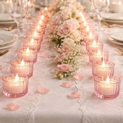 Mumufy 100 Pcs Glass Tealight Candle Holder Ribbed Votive Candle Holder for Centerpiece Wedding Proposal Spa Aromatherapy Meditation Home Decor (Pink)