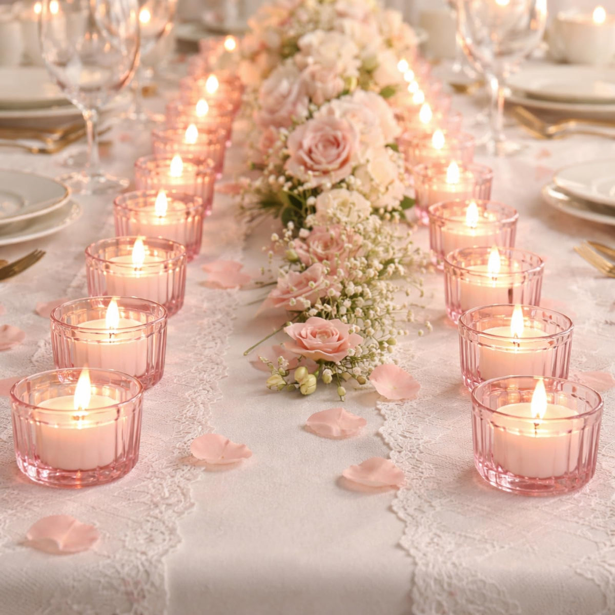 Mumufy 50 Pcs Glass Tealight Candle Holder Ribbed Votive Candle Holder for Centerpiece Wedding Proposal Spa Aromatherapy Meditation Home Decor (Pink)