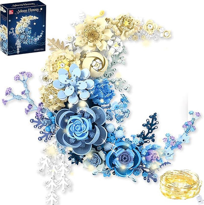 Moon Flower Building Set for Adults - 934 Pcs Light Up Botanical Kit with Lisianthus &amp Roses Artificial Flower Decoration for Home Bedroom Office Shelf Unique Gifts for Flower Lover