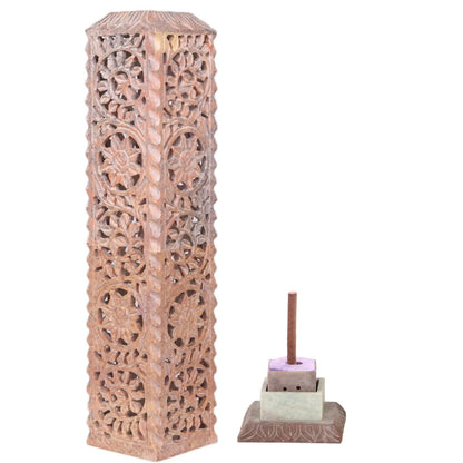 Carry Me Handmade Marble Soapstone Incense Stick Burner | Candle Stick Holder | Tea Light Stand - Floral Carving for Gifting. Decorative Incense Tower for Home and Office Decor. (3x3x11 Inches)