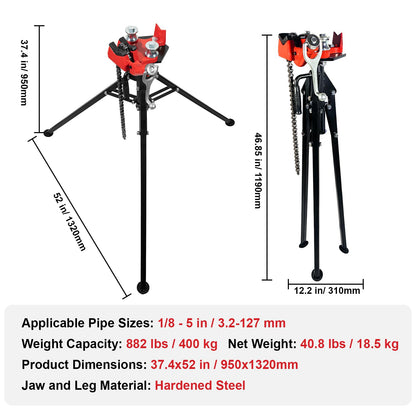 ALWALKEE Pipe Vise Stand with Chain, 2-in-1 Bender, 882LB Capacity, Folding Tripod for 1/8"-5" Pipes