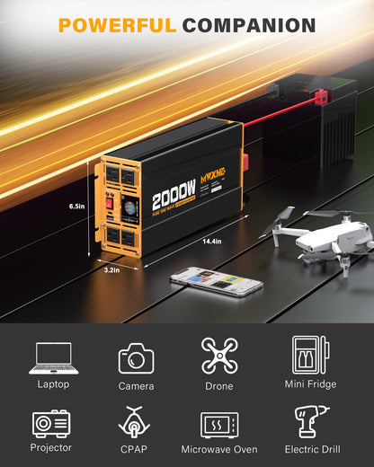 MWXNE 2000W Pure Sine Wave Inverter 12V DC to 110V 120V AC Car Converter for RV Truck Off-Grid Solar Power Inverter with 4 AC Outlets, USB/Type-C Fast Charging Ports, LCD Display, Remote Control