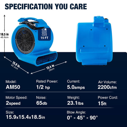 Mounto 1/2hp Air Mover Floor Drying Blower Fan - Powerful 1/2HP Motor Carpet Dryer, 2200 CFM Air Flow, Lightweight Design, 2-Speed Settings for Drying, Cooling & Circulation
