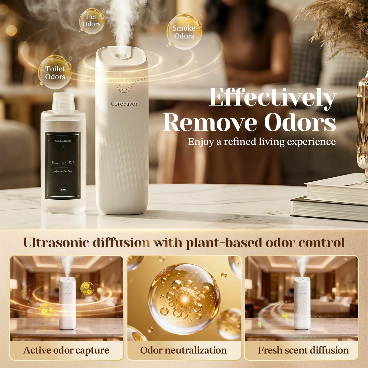 CoreFavor Waterless Essential Oil Diffuser (M60) with 3x120ml Oil, Portable Battery-Operated Cold Air Aroma Scent Machine, 4 Adjustable Intensity Levels, Quiet Diffuser for Bedroom Office Bathroom Car