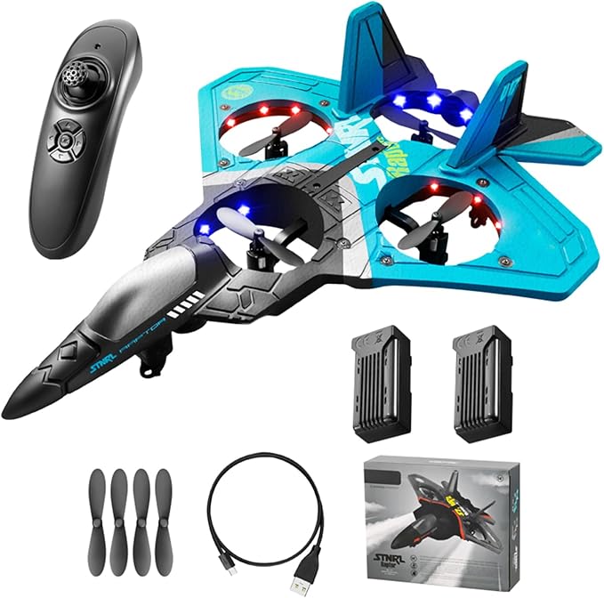 Remote Control Airplane RC Planes RC Fighter Jet Toy for Kids Adults 8-16 Remote Control Planes with LED Light 2 Batteries 360° Stunt Spin Durable Foam Gifts for Boys (Blue + 2 Batteries)