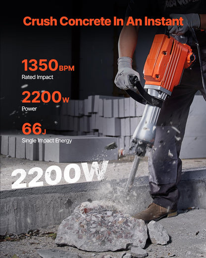 VEVOR Demolition Jack Hammer, MAX 2200W Electric Jackhammer Heavy Duty, 1350 BPM Concrete Breaker 2pcs Chisels Bit Chipping W/Case