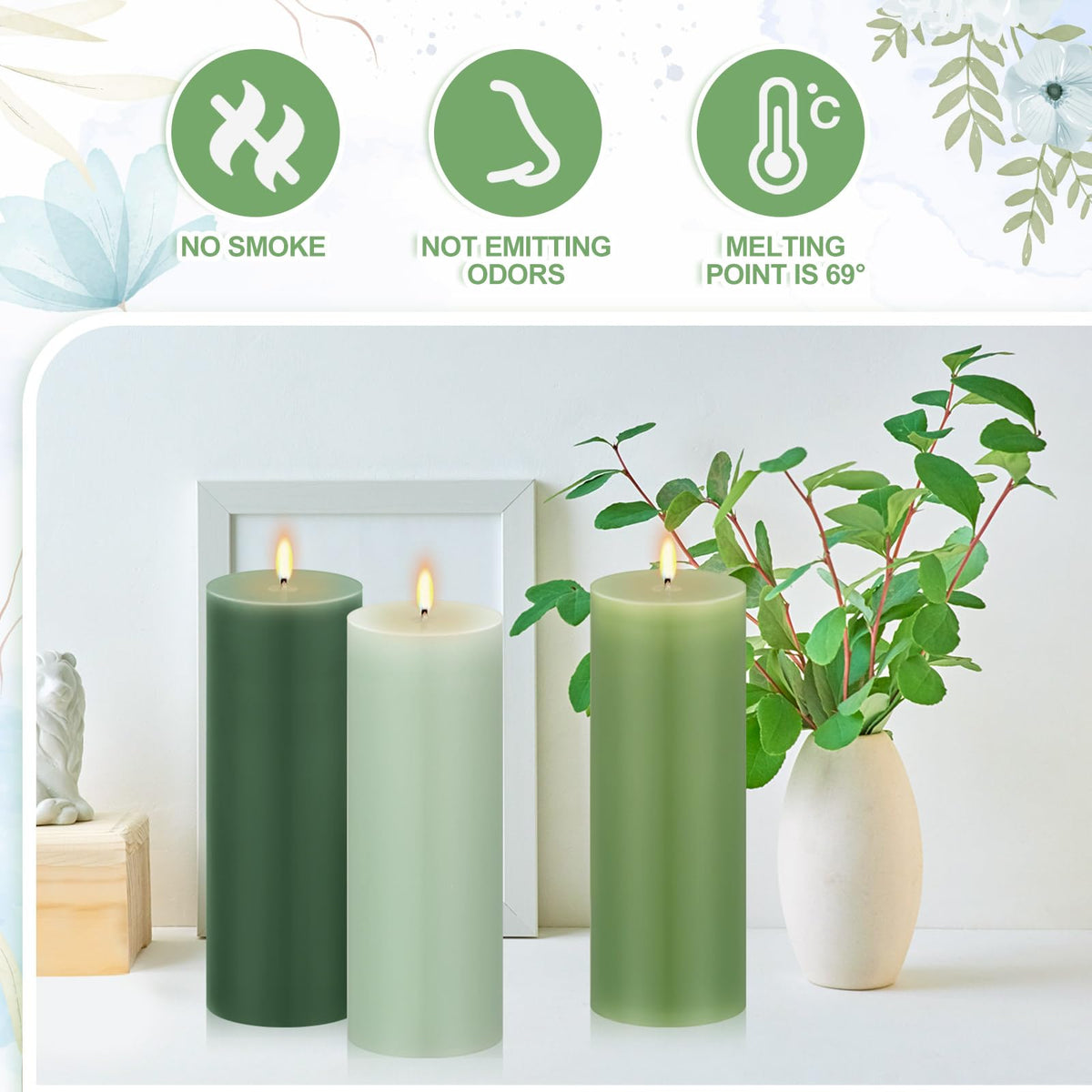 Conelist Set of 6 Gradient Green Pillar Candles 2 x 6 Inch Decorative Unscented Column Candles for Wedding Thanksgiving Christmas Holiday Church Dinner Table Home Relaxation Spa Decor