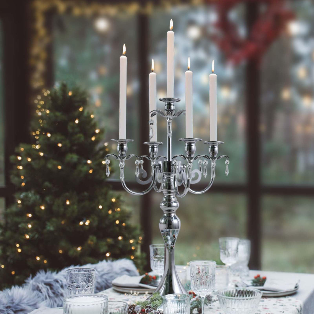 20.3'' Tall 5 Arm Candle Holder Centerpiece for Table, Metal Candelabra Candle Holder, Retro Candlestick Table Centerpieces for Party, Events, Home, Wedding Decor (1Pc, Silver)