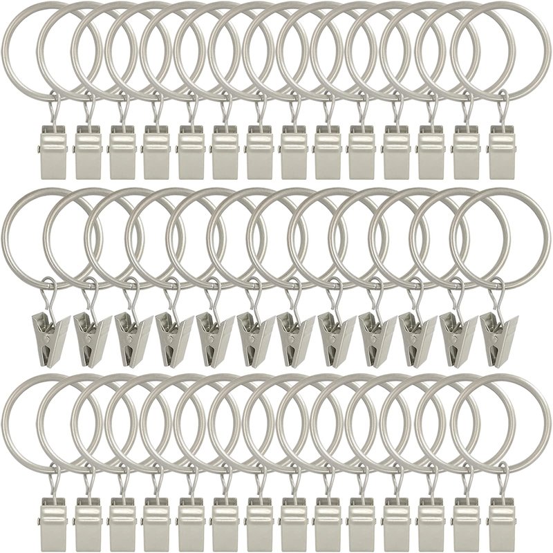 AMZSEVEN 40 Pack Curtain Rings with Clips, Drapery Clips with Rings, Drapes Rings 1.26 in Interior Diameter, Fits up to 1 in Curtain Rod, Matte Silver