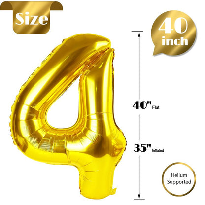 Gold 4 Balloon, Number Balloon 40 Inch, 4th Gold and Black Party Decorations, Four Large Numbers for Party Decor, Number 4 Balloon