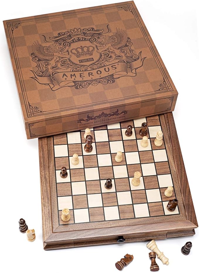 AMEROUS Magnetic Wooden Chess Set 12.8 x 12.8 Walnut Chess Board Game with 2 Built-in Storage Drawers - 2 Bonus Extra Queens - Chess for Beginner Kids and Adults Gift Packaging