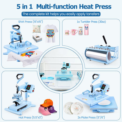 AKEYDIY Heat Press 15x15 inch 5 in 1 with 30OZ Tumbler Press, 360° Swivel Away Slide Out Digital Shirt Press Machine, Industrial Heat Transfer Machine Sublimation for T-Shirt (15x15-5 in 1 Blue)