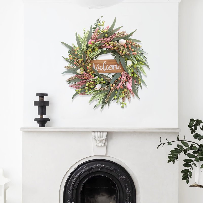Wreaths for Front Door 20 Inch Spring Summer Tulip Wreath withTulip,Berries,Boxwood and Cattails Welcome Door Wreath, Porch, Window -Green Decor for Home, Farmhouse - Spring, Summer, Fall, All Seasons