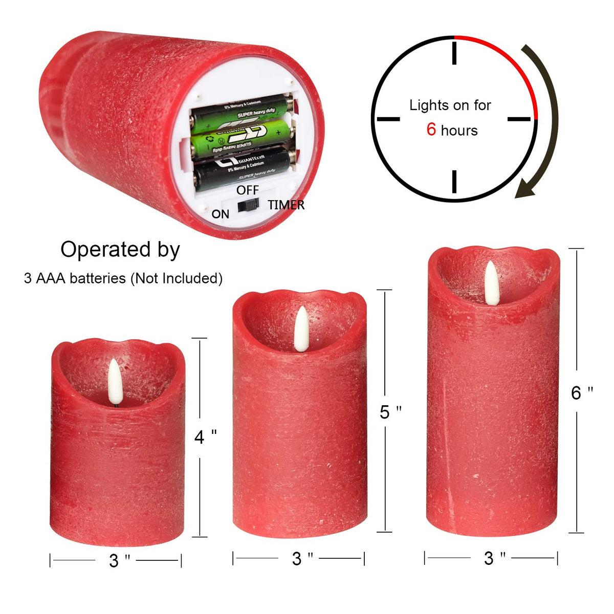 Wondise Red Flameless Candles Battery Operated with Timer, 3D Wick Real Wax LED Red Pillar Candles for Home Decoration, Set of 3(3 x 4/5/6 Inches)