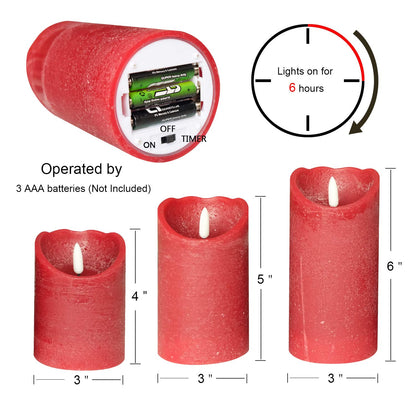Wondise Red Flameless Candles Battery Operated with Timer, 3D Wick Real Wax LED Red Pillar Candles for Home Decoration, Set of 3(3 x 4/5/6 Inches)
