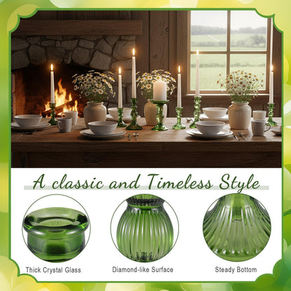Mumufy 20 Pcs Glass Crystal Taper Candle Holders Clear Glass Candlestick Holder Fit 0.8 Inch Candles Crystal Decorative Candle Stand Centerpiece Table Wedding Dining Party(Green)