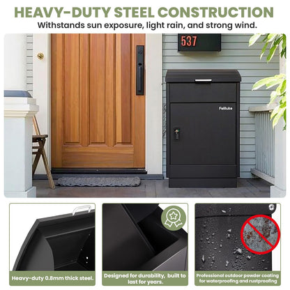 Feliluke Large Outdoor Package Delivery Box, Heavy-Duty Metal Parcel Drop Box, Waterproof & Anti-Theft, Secure Lockable Mailbox for Porch, Curbside & Business Use