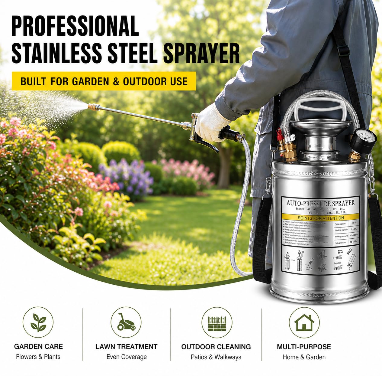 3.5 Gallon Stainless Steel Sprayer, Hand Metal Pump Up Sprayer Reinforced Hose with Pressure Gauge, Safety Valve & Adjustable Nozzle, Garden Weed Sprayers for Lawn, Gardening, Sanitizing