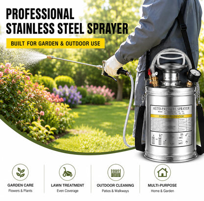 3.5 Gallon Stainless Steel Sprayer, Hand Metal Pump Up Sprayer Reinforced Hose with Pressure Gauge, Safety Valve & Adjustable Nozzle, Garden Weed Sprayers for Lawn, Gardening, Sanitizing