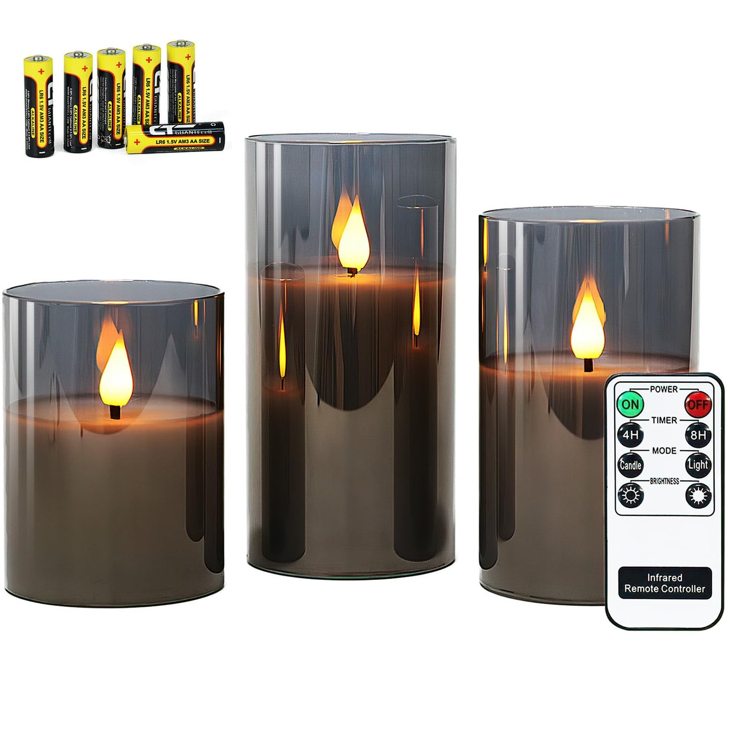Rhytsing Gray Glass Battery Operated LED Candles with Remote, Flameless Candle Gift Set, Warm White Light - Include 6 Batteries