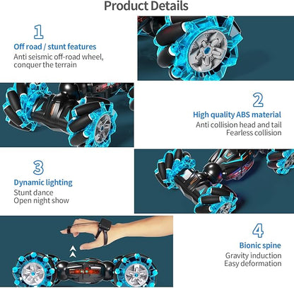 Deejoy 1:12 Gesture Sensing RC Stunt Car 2.4GHz 4WD Hand Controlled Remote Control Car for Boys 8-12 Double Sided Rotating Off Road Vehicle 360° Flips with Lights Music for Birthday