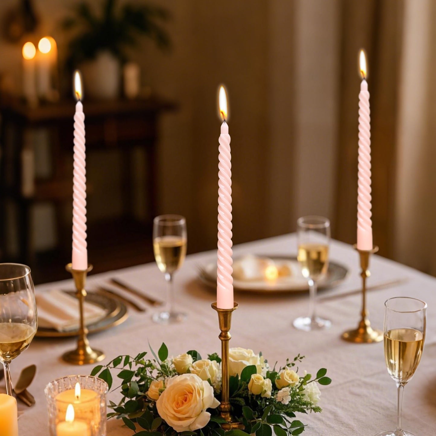 10 Inch Champagne Pink Spiral Taper Candle Set, 10 Pack Unscented Dripless Candlesticks for Celebrations Festival and Dinner Party Wedding Home Decor