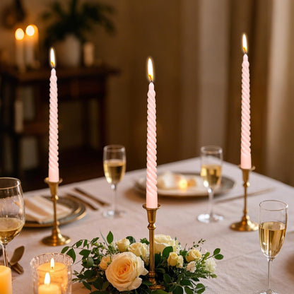 10 Inch Champagne Pink Spiral Taper Candle Set, 10 Pack Unscented Dripless Candlesticks for Celebrations Festival and Dinner Party Wedding Home Decor