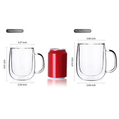 CNGLASS Large Double Wall Glass Coffee Mug 15.2oz,Clear Insulated Glass Espresso Cup with Big Handle,Clear Glass Espresso Mugs for Latte,Cappuccino,Tea Bag,Hot and Cold Beverages,set of 4