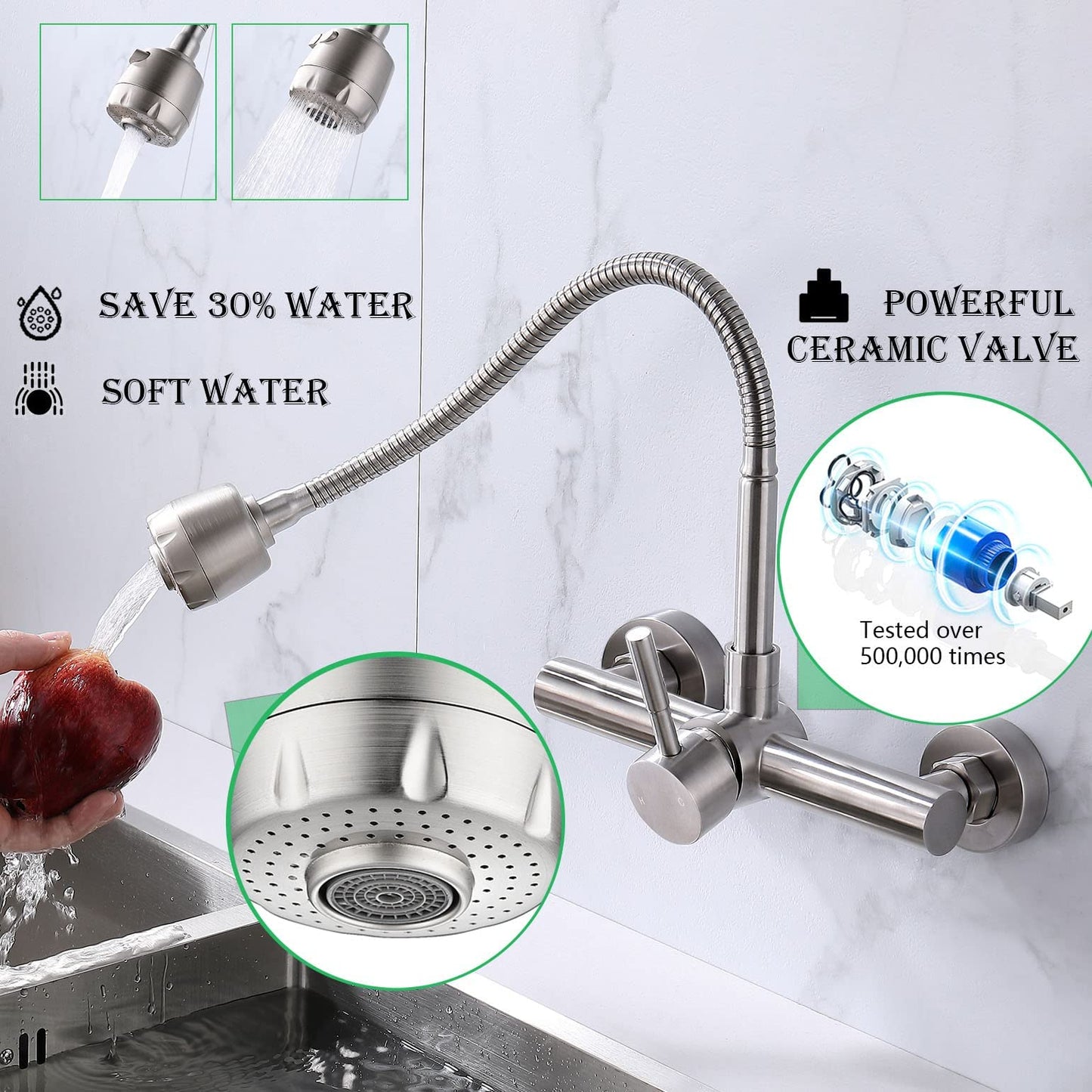 FLWUEUE Wall Mount Kitchen Sink Faucet with Sprayer 8“ Inch Center, Brushed Nickle Stainless Steel Sink Mixer Tap, Laundry Utility Faucets with Dual Functional Sprayer