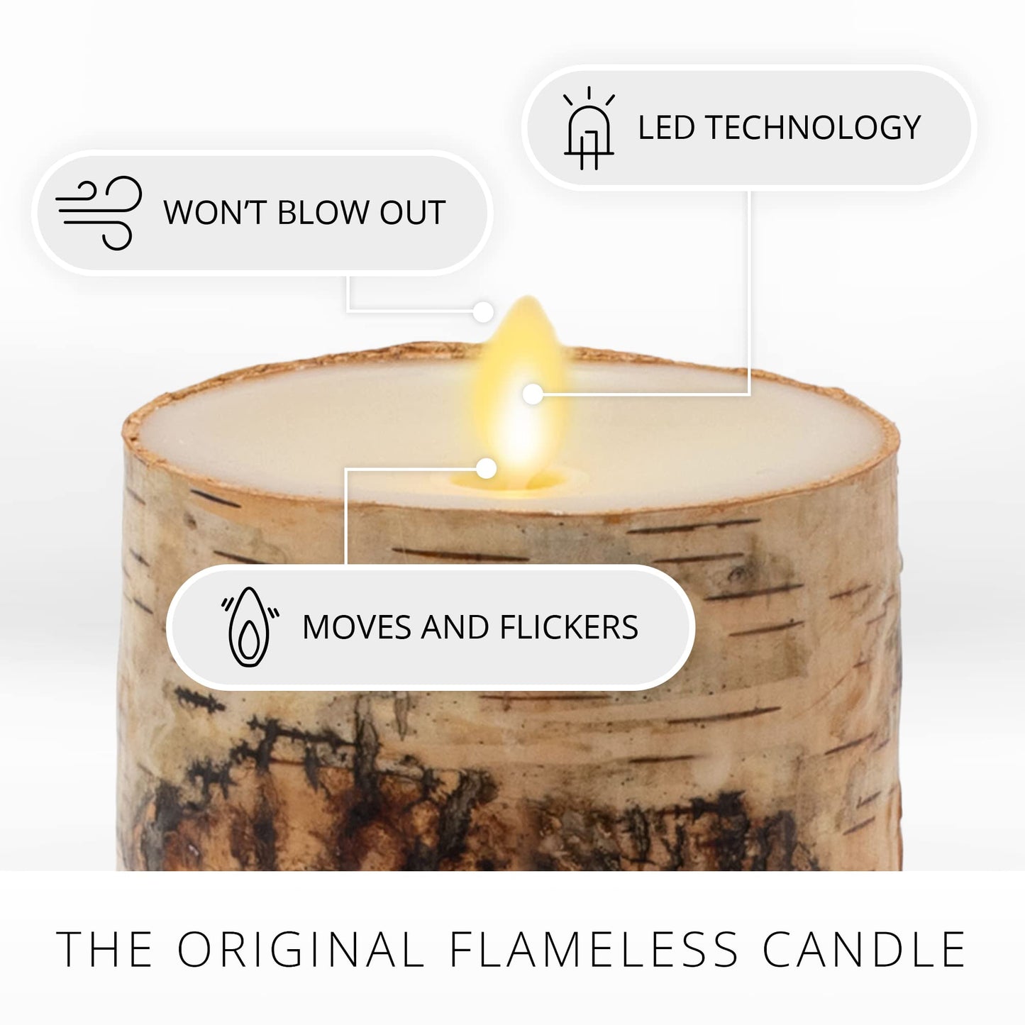 Luminara Realistic Artificial Flame Pillar Candle Wrapped with Real Birch Bark - Moving Flame LED Battery Operated Lights - Unscented - Remote Ready - Remote Sold Separately - 4.0" x 7.0"