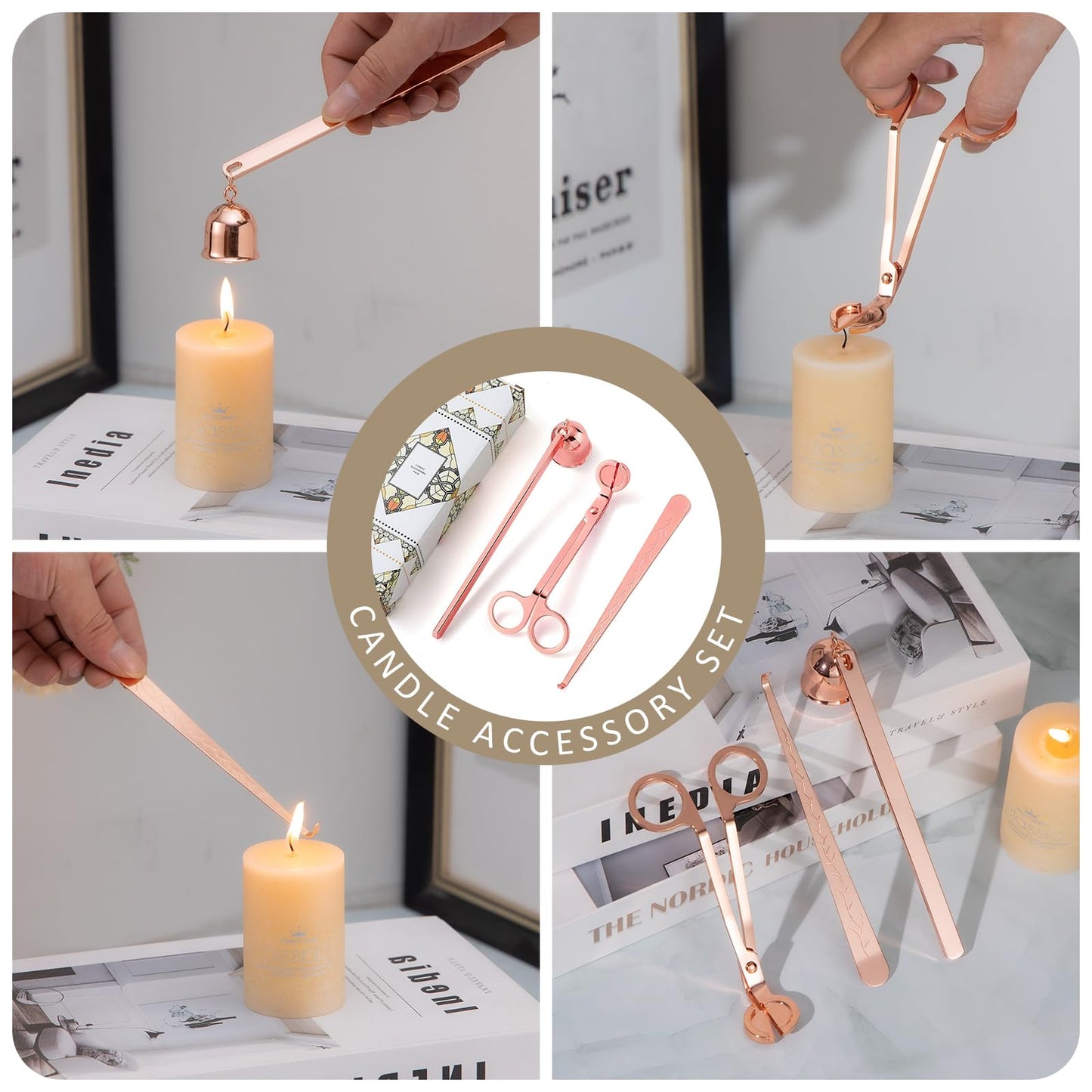 Rose Gold Taper Candle Holders, Candlestick Holders, Candle Holders with 3 in 1 Candle Accessory Set, Metal Candle Stand for Mantle Table Centerpiece, Weddings, Dining, Housewarming(Set of 6)