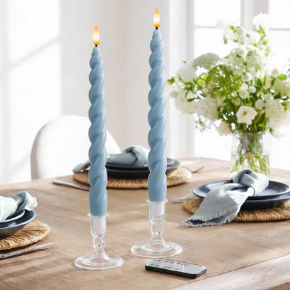 WYZworks 10" Flameless LED Taper Candles – Full Twisted Spiral – Dusty Blue, Set of 6 – Remote, 2/4/6/8-Hr Timer (24-hr Memory), Bottom On/Off Button, Dimmable, Battery Operated, Flicker/Steady
