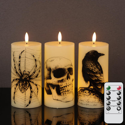 Lasumora Halloween Decorations Flameless Candles with Remote Timer - Skull, Spider Web, Crow Raven Decals Set of 3, Battery Operated Halloween Decor Indoor LED Candle Horror Gothic Punk Real Wax