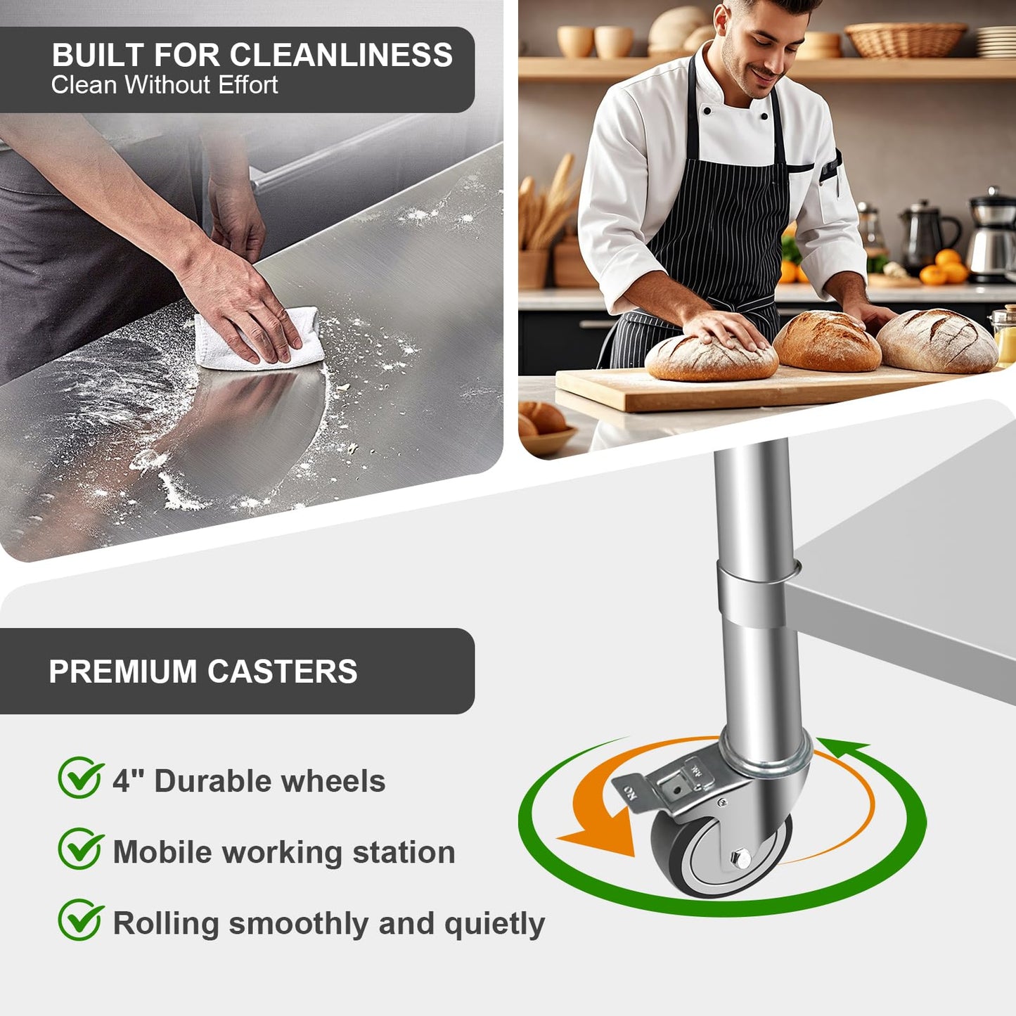 Faazy Stainless Steel Commercial Workbench - 30 x 36 Inch Metal Table Cart with Caster Wheel - NSF Certified - Heavy Duty for Restaurant, Kitchen, Garage