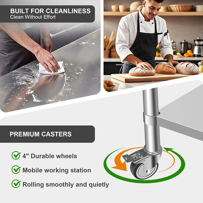 Faazy Stainless Steel Commercial Workbench - 30 x 36 Inch Metal Table Cart with Caster Wheel - NSF Certified - Heavy Duty for Restaurant, Kitchen, Garage