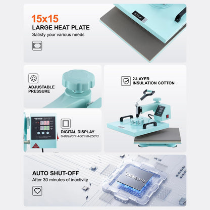 VEVOR 15x15 Heat Press Machine 8 in 1 Combo with 30 OZ Tumbler Press & Hat Press, Slide Out Heat Press Sublimation Machine for T-Shirts, Hats Caps Tumblers Glass Cans Mugs, and Plates (Light Green)