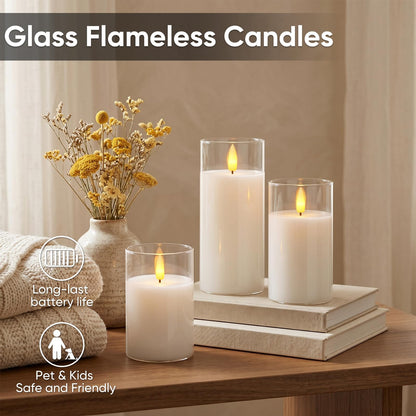 5plots Glass Battery Operated White Flameless Candles with Remote Timer, 3D Wick Real Wax Pillar Led Candles Warm Flickering Light for Indoor Home, Halloween, Christmas Decor, Set of 3, D3 x H4 5" 6"
