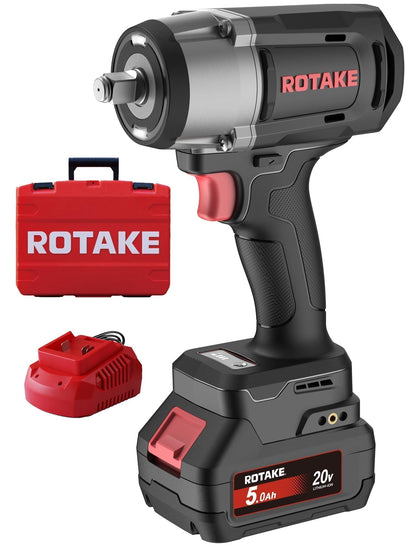 ROTAKE 20V Professional Middle Torque 1/2" Impact Wrench Kit, 880 FT-LBS Nut-Busting Torque, Cordless Impact Gun with Hog Ring, 3-in-1 Unibody Hammer Case, 5.0Ah Battery & 4A Fast Charger, TB2